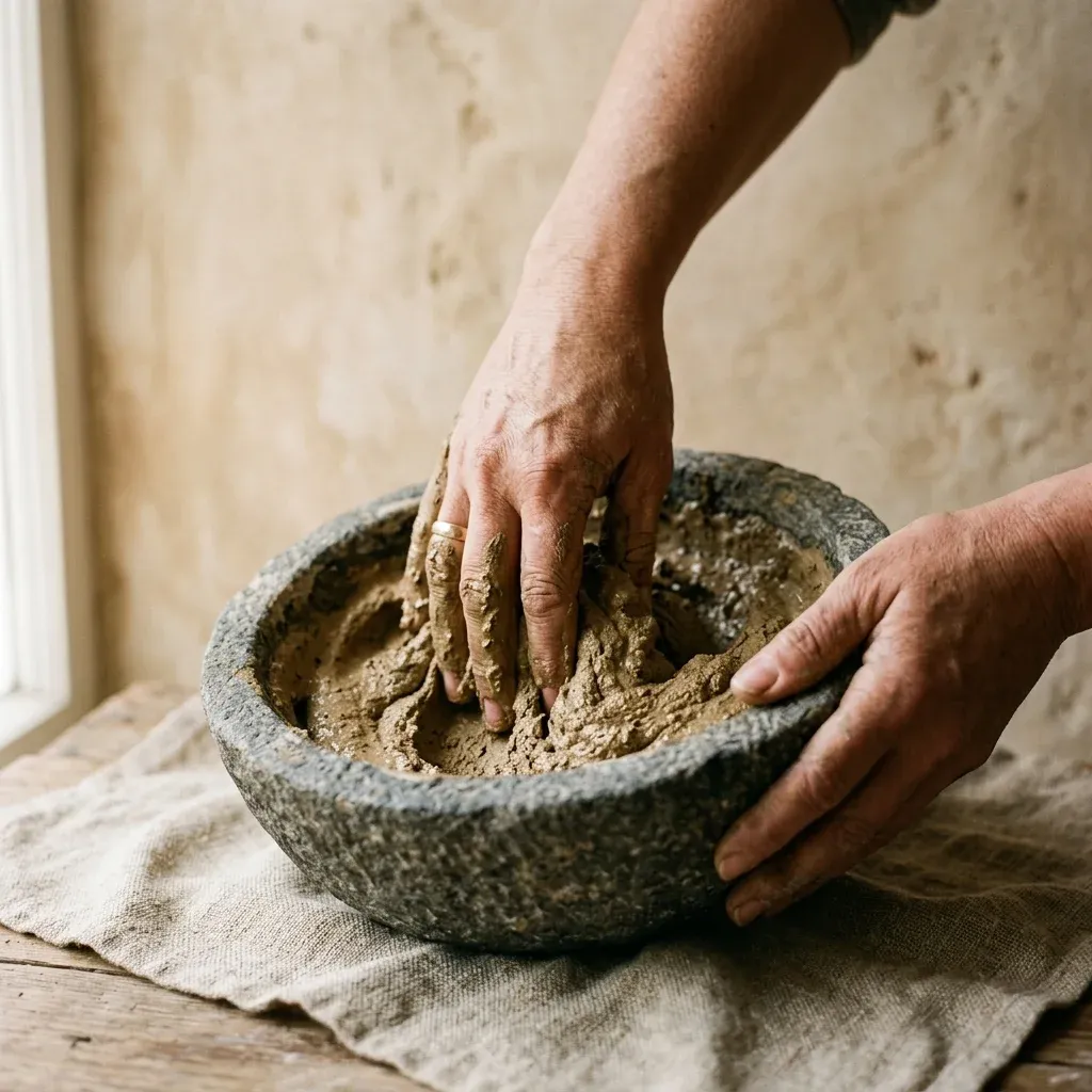 Hands mixing organic clay for ritual treatments at ZenAura Ubud